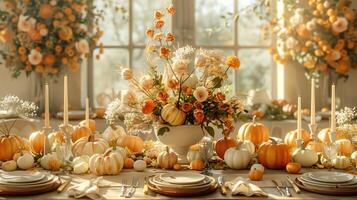 Elegant Thanksgiving Dinner Table with Pumpkins and Floral Centerpieces photo