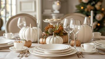 Elegant Thanksgiving Dinner Table Setting with Pumpkins and Autumn Decor photo