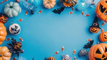 Spooky Halloween Decorations With Pumpkins, Spiders, and Bats on Blue Background photo