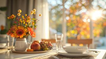 Elegant Autumn Table Setting with Floral Arrangement and Fruits in Sunlit Room photo