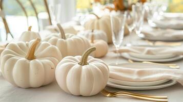 Elegant Thanksgiving Dinner Table Setting with White Pumpkins and Gold Cutlery photo