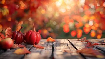 Wooden Table with Pumpkins and Autumn Leaves Blurred Thanksgiving Background photo