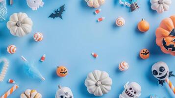 Halloween Decorations Flat Lay With Pumpkins, Candy, And Spooky Ornaments On Blue Background photo