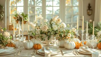 Elegant Thanksgiving Dinner Table Setting with Pumpkins and Floral Arrangements photo