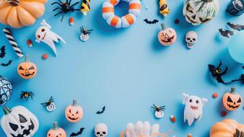 Halloween Decorations with Pumpkins, Ghosts, and Spiders on Blue Background photo