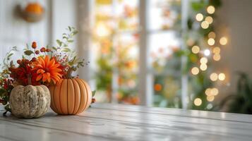 Autumn Pumpkin and Floral Decor on Wooden Table with Blurred Background photo