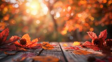 Autumn Leaves on Wooden Table with Blurred Bright Thanksgiving Background photo