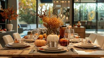 Elegant Thanksgiving Dinner Table with Pumpkins and Autumn Decor in a Modern Home photo