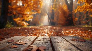 Wooden Table with Blurred Autumn Background in Forest with Sunlight photo