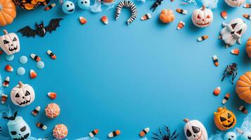 Halloween Decorations and Candy on Blue Background With Pumpkins, Bats, Spiders, and Candy Corn photo