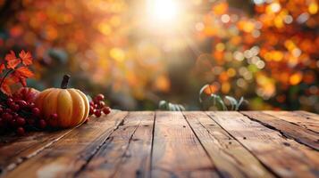 Warm Autumn Scene with Pumpkin and Berries on Wooden Table photo