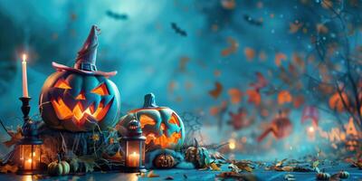 Halloween Pumpkins with Candle Lanterns and Witch Hat on a Spooky Blue Background photo