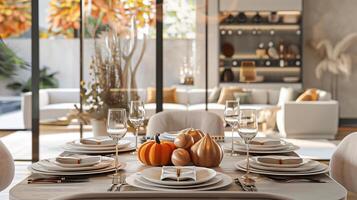 Elegant Thanksgiving Dinner Table with Pumpkins in Modern Setting photo