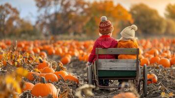 Two Kids Riding in Wagon Through Pumpkin Patch During Autumn photo