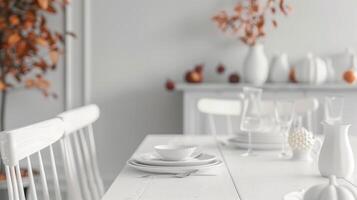 Elegant White Dining Table Setting with Autumn Decor for Mockup in a Minimalist Room photo