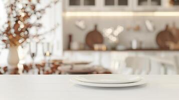 Elegant White Table Setting in a Cozy Blurred Kitchen Background photo