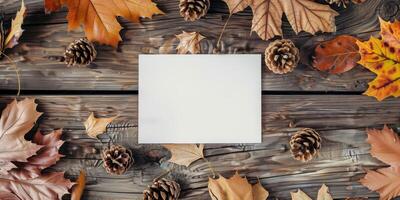 Autumn Mockup with Blank Postcard Surrounded by Fall Leaves and Pine Cones photo