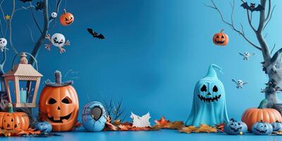 Halloween Decorations with Jack-o'-Lanterns, Ghosts, and Bats on Blue Background photo