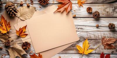 Autumn Blank Card Mockup with Colorful Fall Leaves and Pinecones on Wooden Background photo
