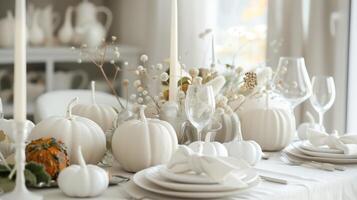 Elegant Thanksgiving Dinner Table with White Pumpkins and Autumn Decor photo