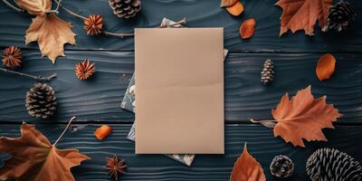 Autumn Mockup with Blank Postcard Amid Fall Leaves and Pine Cones photo