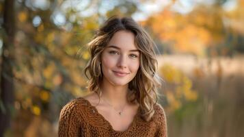 Portrait of a Smiling Woman in Autumn Setting with Golden Leaves Background photo
