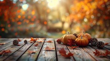 Rustic Wooden Table with Autumn Leaves, Pumpkins, and Pinecones in a Blurred Thanksgiving Background photo