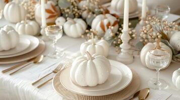 Elegant Thanksgiving Dinner Table Setting with White Pumpkins and Gold Accents photo