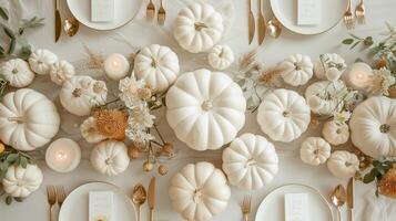 Elegant Thanksgiving Dinner Table Setting with White Pumpkins and Autumn Decorations photo