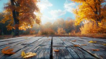 Wooden Table with Blurred Autumn Background and Falling Leaves in Sunny Park photo