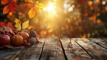 Rustic Wooden Table With Autumn Leaves, Pinecones, And Pumpkins In A Warm Sunset photo