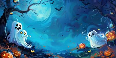 Spooky Halloween Night with Ghosts and Pumpkins in a Blue Mystic Forest photo
