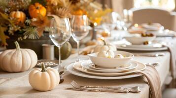 Elegant Thanksgiving Dinner Table Setting with Pumpkins and Autumn Decorations photo