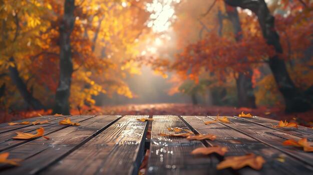 Wooden Table with Blurred Autumn Background and Falling Leaves Under Sunlight photo