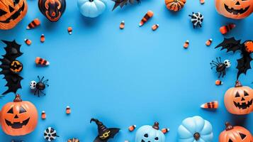 Halloween Background with Pumpkins, Spiders, Candy Corn, and Bats on Blue photo