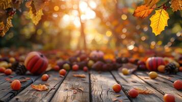 Autumn Wooden Table With Blurred Thanksgiving Background and Colorful Leaves photo