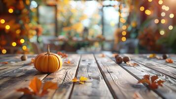 Rustic Wooden Table Decorated with Pumpkin and Autumn Leaves for Thanksgiving Celebration photo