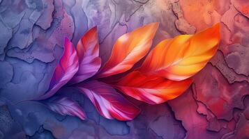 Vibrant Fractal Leaves on Textured Bark Background in Purple and Orange Hues photo