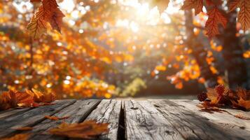 Wooden Table with Autumn Leaves and Blurred Background in Warm Light photo