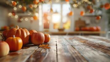 Cozy Autumn Thanksgiving Table Setting with Pumpkins and Warm Lighting photo