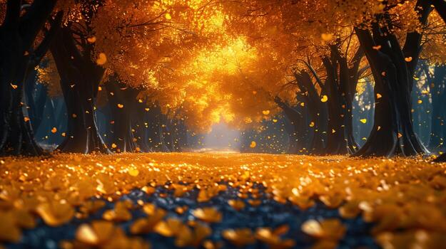 Serene Autumn Pathway with Towering Ginkgo Trees and Golden Leaves photo