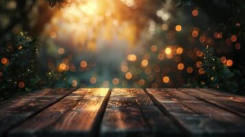 Rustic Wooden Table with Blurred Background and Warm Bokeh Lights in Nature photo