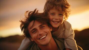 Close-Up of Happy Father and Son Bonding at Sunset Outdoors photo