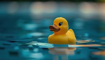 Close-Up of Yellow Rubber Duck Floating in Pool With Dark Background photo