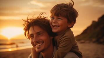 Father and Son Enjoying a Sunset on the Beach - Happy Moments Together photo