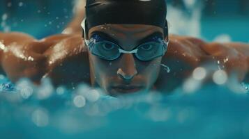 Close-Up of Male Athlete Swimmer Competing with Intensity and Focus photo