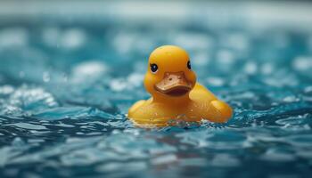 Close-Up of Yellow Rubber Duck in Blue Pool Water - Fun, Playful, and Nostalgic Moment photo
