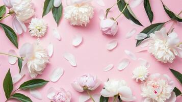 Flat Lay Of Beautiful Peonies On Pink Background - Romantic Floral Composition photo