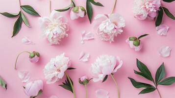 Pink Peonies Flat Lay on Paper Background with Green Leaves and Petals photo