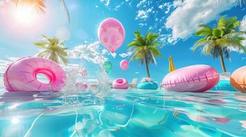 Vibrant Tropical Pool Party with Colorful Floaties, Balloons, and Palm Trees photo